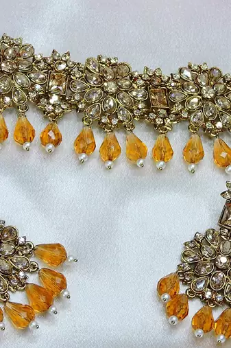 Gold yellow gold premium designer american diamond and stone work necklace set
