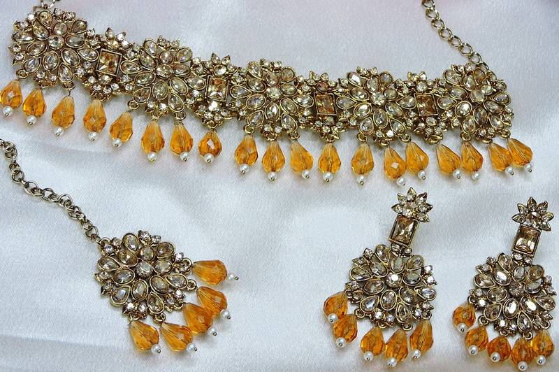 Gold yellow gold premium designer american diamond and stone work necklace set