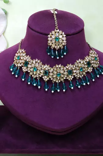 Green yellow gold premium designer american diamond and stone work necklace set