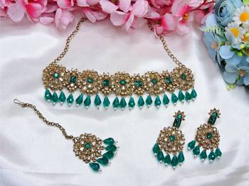 Green yellow gold premium designer american diamond and stone work necklace set 2