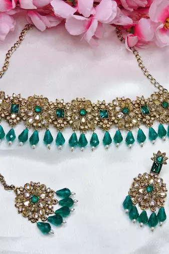 Green yellow gold premium designer american diamond and stone work necklace set
