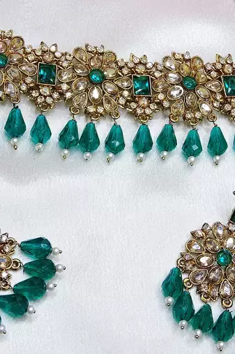 Green yellow gold premium designer american diamond and stone work necklace set