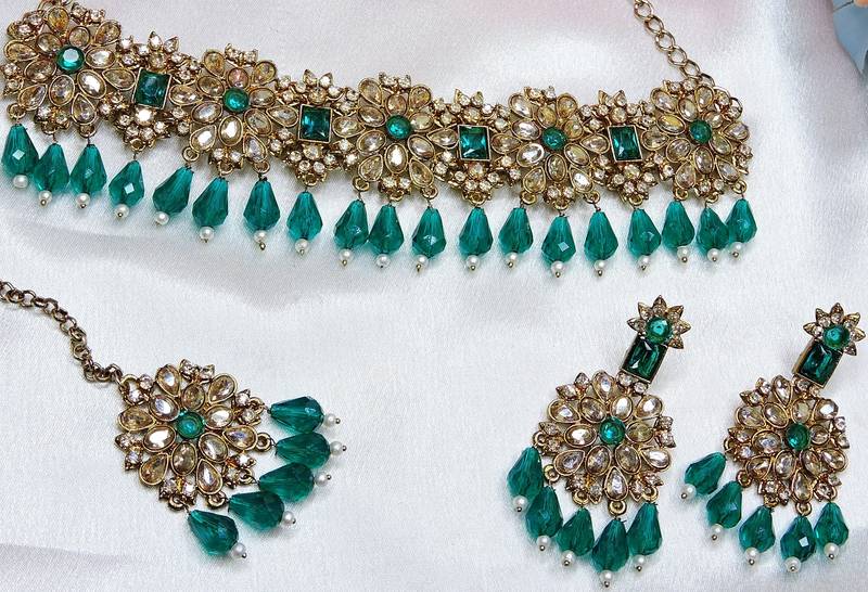Green yellow gold premium designer american diamond and stone work necklace set