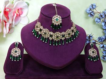 Green yellow gold premium designer american diamond and stone work necklace set 1