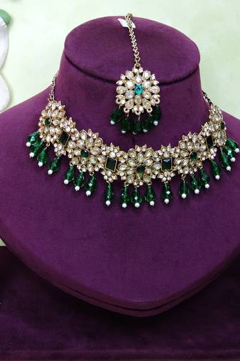 Green yellow gold premium designer american diamond and stone work necklace set