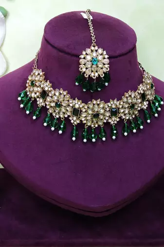 Green yellow gold premium designer american diamond and stone work necklace set