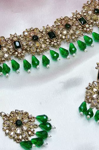 Green yellow gold premium designer american diamond and stone work necklace set