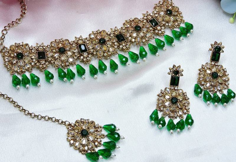 Green yellow gold premium designer american diamond and stone work necklace set