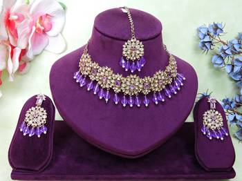 Purple yellow gold premium designer american diamond and stone work necklace set 1