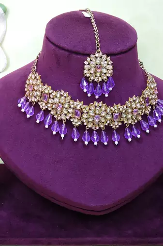 Purple yellow gold premium designer american diamond and stone work necklace set