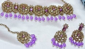 Purple yellow gold premium designer american diamond and stone work necklace set 2
