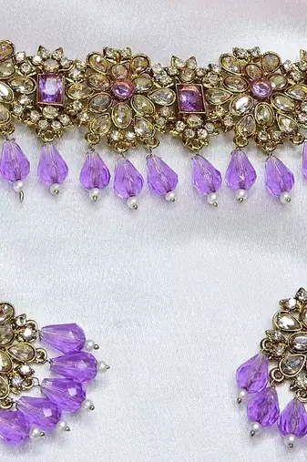 Purple yellow gold premium designer american diamond and stone work necklace set