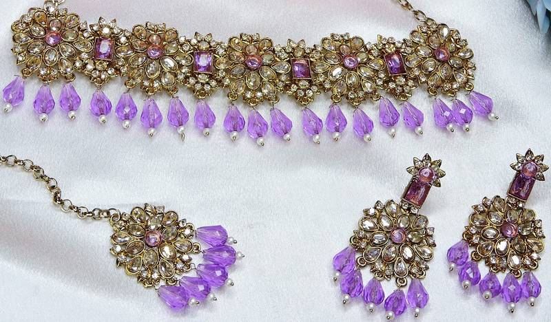 Purple yellow gold premium designer american diamond and stone work necklace set