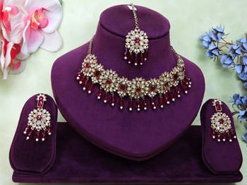 Maroon yellow gold premium designer american diamond and stone work necklace set 1