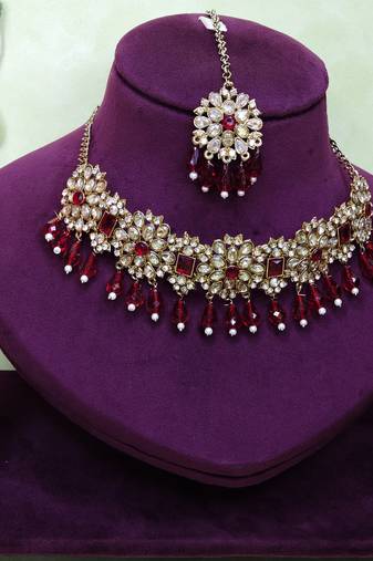 Maroon yellow gold premium designer american diamond and stone work necklace set