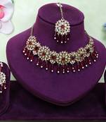 Maroon yellow gold premium designer american diamond and stone work necklace set