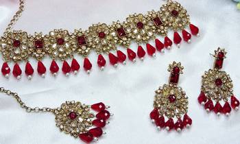 Maroon yellow gold premium designer american diamond and stone work necklace set 2