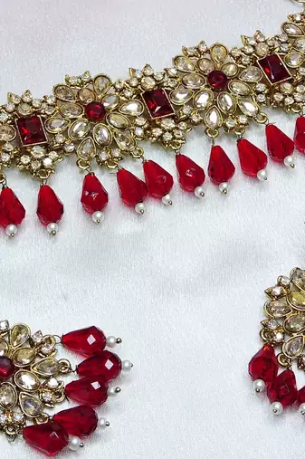 Maroon yellow gold premium designer american diamond and stone work necklace set