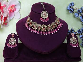 Pink yellow gold premium designer american diamond and stone work necklace set 1