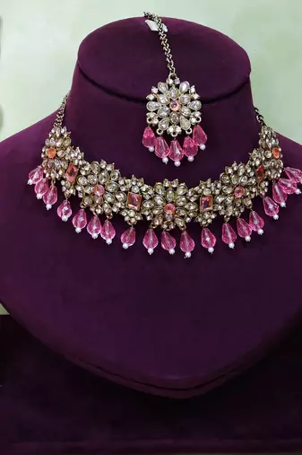 Pink yellow gold premium designer american diamond and stone work necklace set
