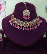 Pink yellow gold premium designer american diamond and stone work necklace set