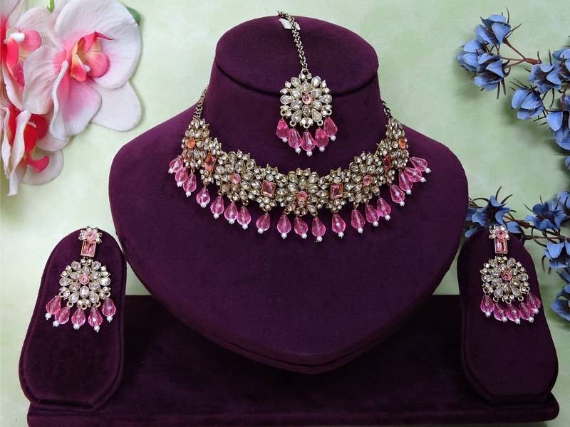 Pink yellow gold premium designer american diamond and stone work necklace set
