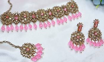 Pink yellow gold premium designer american diamond and stone work necklace set 2