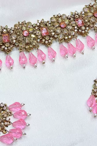 Pink yellow gold premium designer american diamond and stone work necklace set