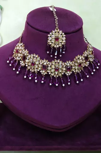 Purple yellow gold premium designer american diamond and stone work necklace set