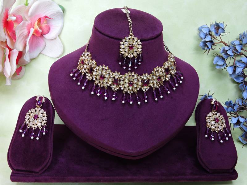 Purple yellow gold premium designer american diamond and stone work necklace set