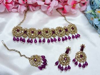 Purple yellow gold premium designer american diamond and stone work necklace set 2