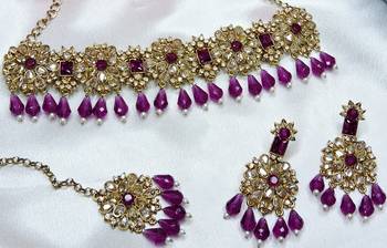 Purple yellow gold premium designer american diamond and stone work necklace set 3