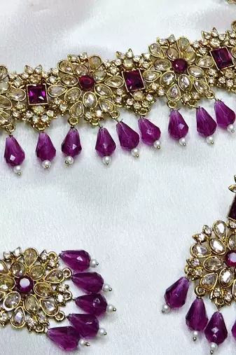 Purple yellow gold premium designer american diamond and stone work necklace set