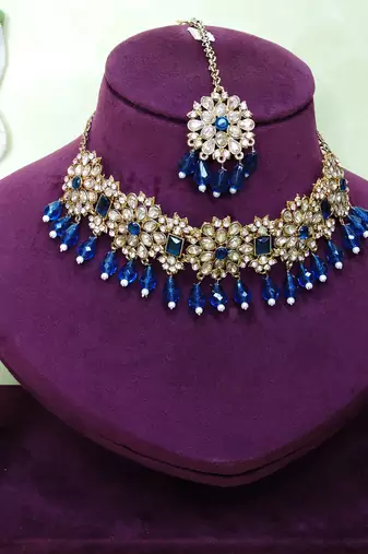 Blue yellow gold premium designer american diamond and stone work necklace set