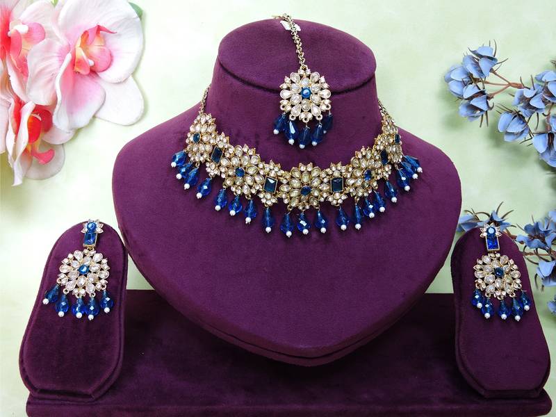 Blue yellow gold premium designer american diamond and stone work necklace set