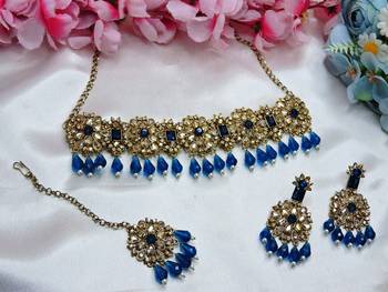 Blue yellow gold premium designer american diamond and stone work necklace set 2