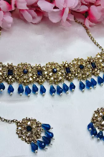 Blue yellow gold premium designer american diamond and stone work necklace set