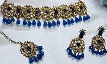 Blue yellow gold premium designer american diamond and stone work necklace set 3