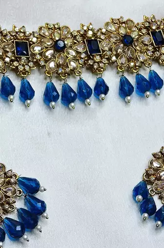 Blue yellow gold premium designer american diamond and stone work necklace set