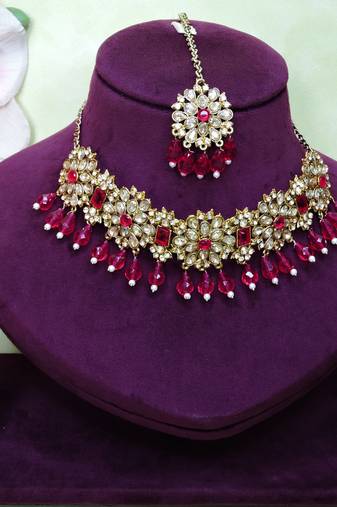 Pink yellow gold premium designer american diamond and stone work necklace set