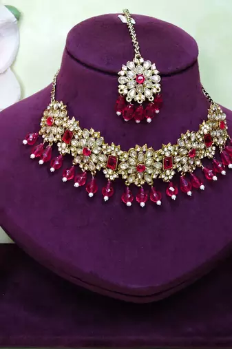 Pink yellow gold premium designer american diamond and stone work necklace set
