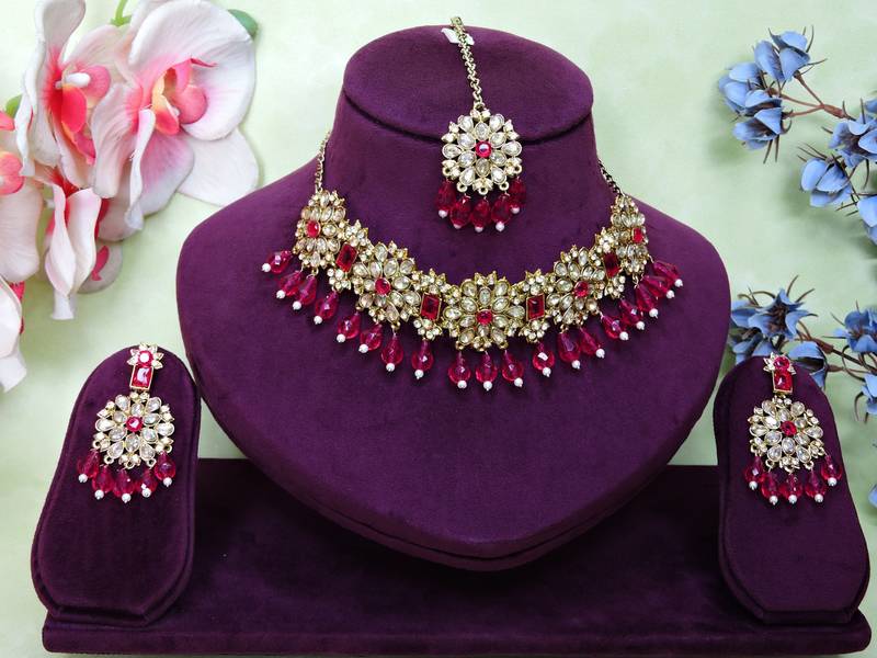 Pink yellow gold premium designer american diamond and stone work necklace set
