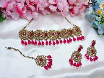 Pink yellow gold premium designer american diamond and stone work necklace set 2