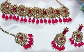 Pink yellow gold premium designer american diamond and stone work necklace set 3