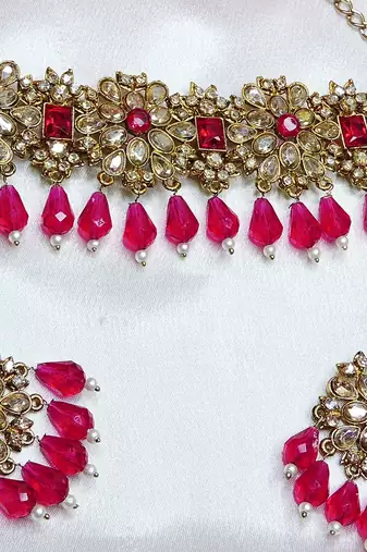Pink yellow gold premium designer american diamond and stone work necklace set