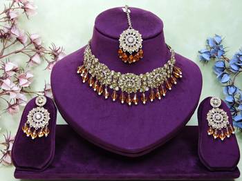 Gold yellow gold premium designer american diamond and stone work necklace set 1
