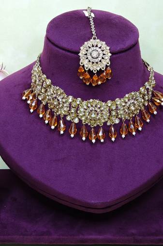Gold yellow gold premium designer american diamond and stone work necklace set