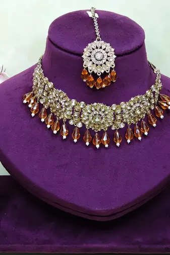 Gold yellow gold premium designer american diamond and stone work necklace set