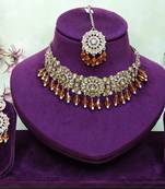 Gold yellow gold premium designer american diamond and stone work necklace set