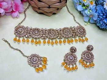 Gold yellow gold premium designer american diamond and stone work necklace set 2